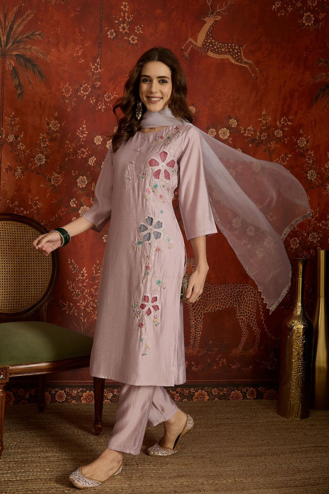 Mauve Floral Embroidered Silk Free Size Stitched Straight Cut Suit (52472)