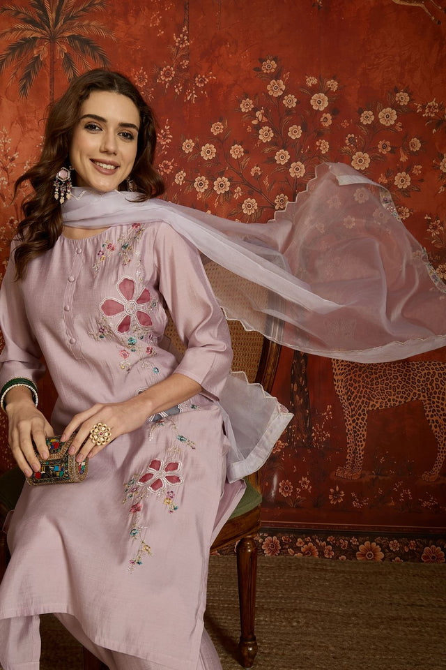 Mauve Floral Embroidered Silk Free Size Stitched Straight Cut Suit (52472)