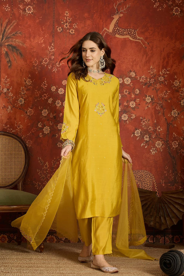 Yellow Floral Embroidered Silk Free Size Stitched Straight Cut Suit (52473)