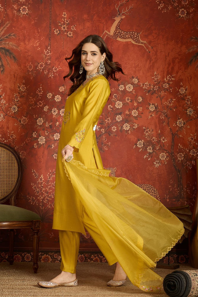 Yellow Floral Embroidered Silk Free Size Stitched Straight Cut Suit (52473)