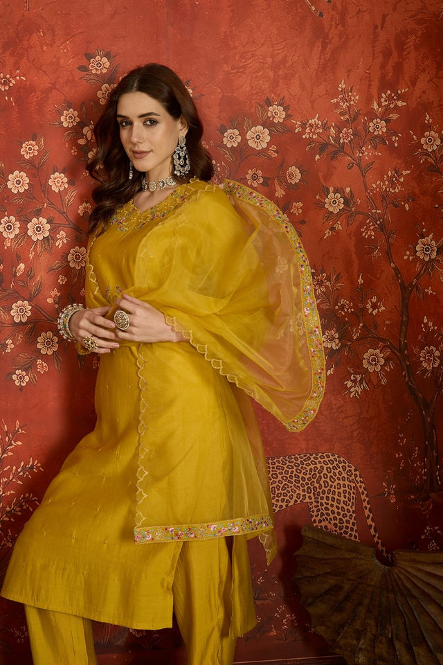 Yellow Floral Embroidered Silk Free Size Stitched Straight Cut Suit (52473)