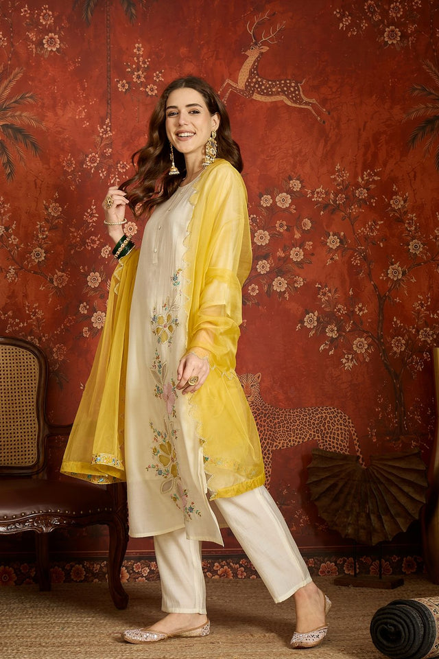 White Floral Embroidered Silk Free Size Stitched Straight Cut Suit (52474)
