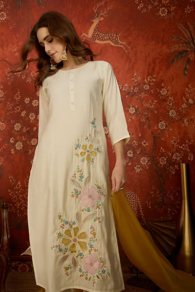 White Floral Embroidered Silk Free Size Stitched Straight Cut Suit (52474)