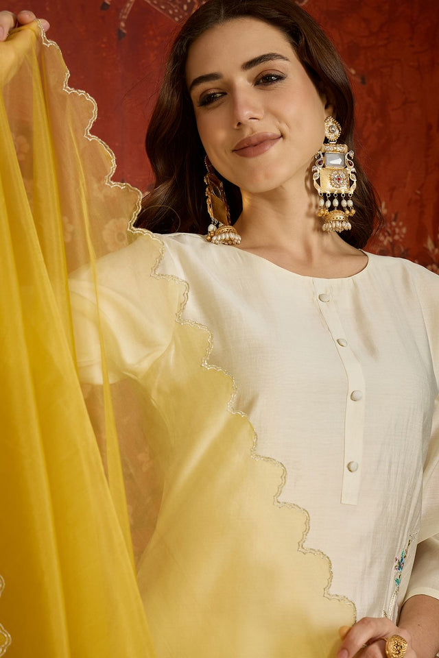 White Floral Embroidered Silk Free Size Stitched Straight Cut Suit (52474)