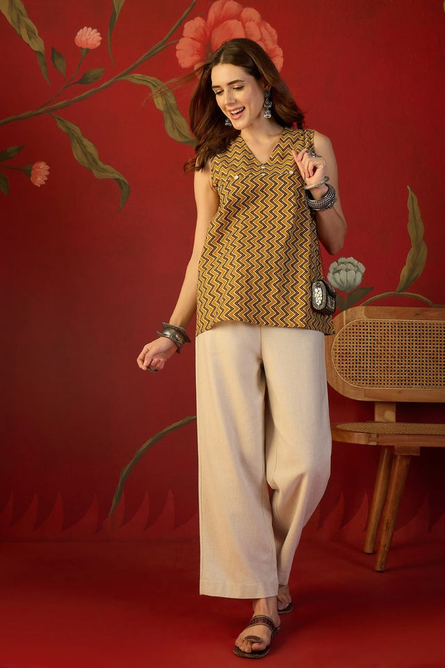 Mustard Printed Cotton Free Size Stitched Top (52477)