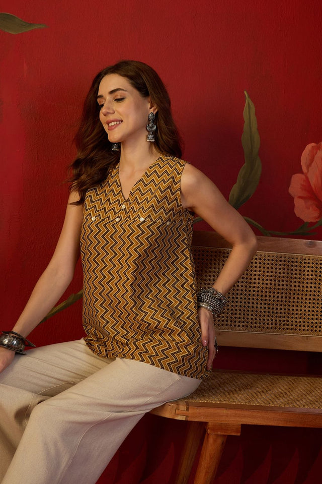 Mustard Printed Cotton Free Size Stitched Top (52477)