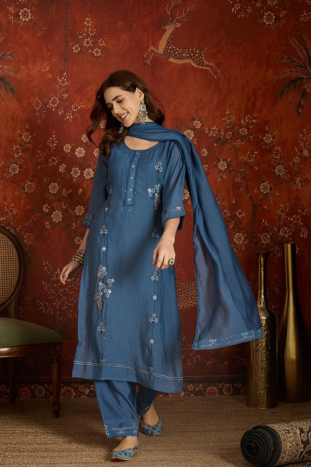 Blue Floral Embroidered Chanderi Free Size Stitched Kurti Pant Set (52478)