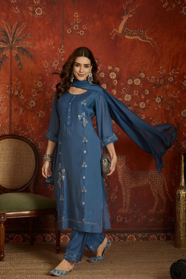 Blue Floral Embroidered Chanderi Free Size Stitched Kurti Pant Set (52478)