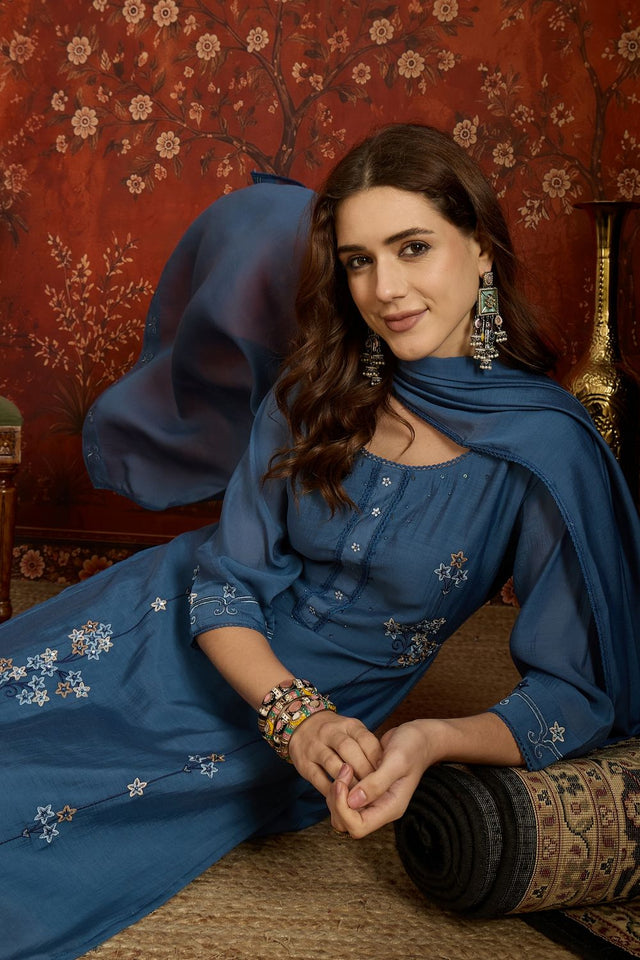 Blue Floral Embroidered Chanderi Free Size Stitched Kurti Pant Set (52478)