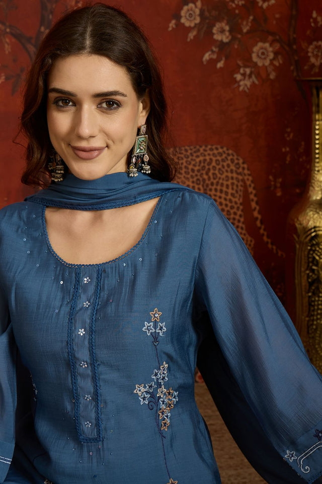 Blue Floral Embroidered Chanderi Free Size Stitched Kurti Pant Set (52478)