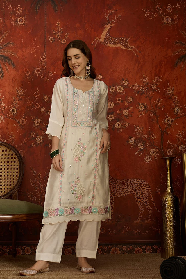 Off White Floral Embroidered Silk Free Size Stitched Kurti Pant Set (52482)