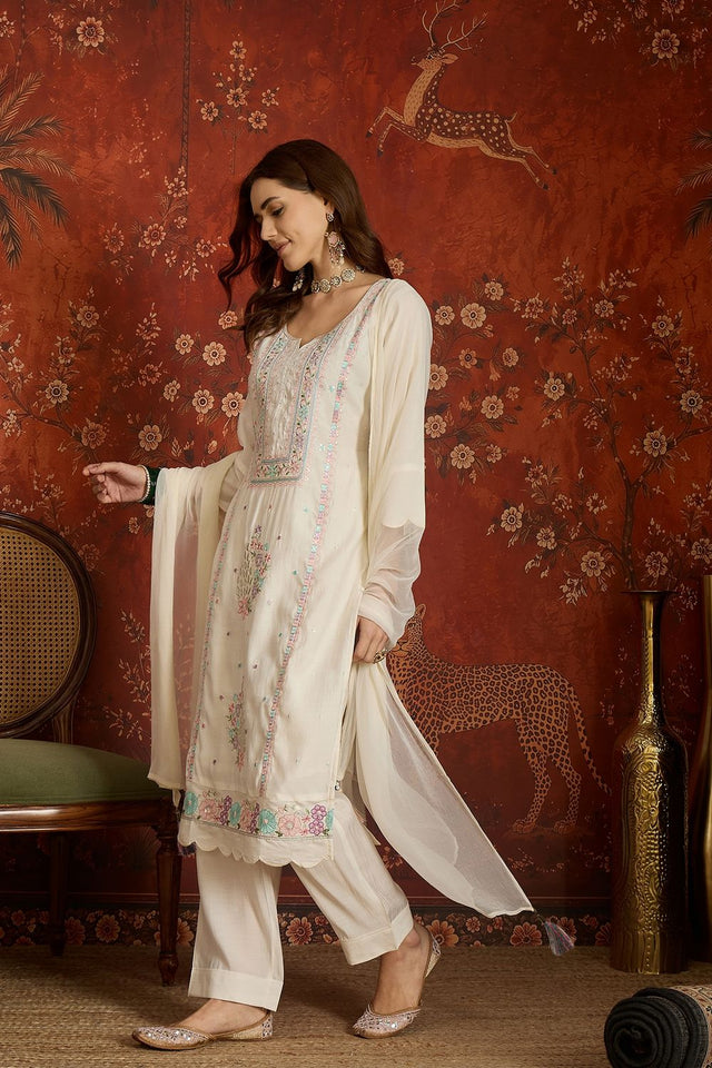 Off White Floral Embroidered Silk Free Size Stitched Kurti Pant Set (52482)