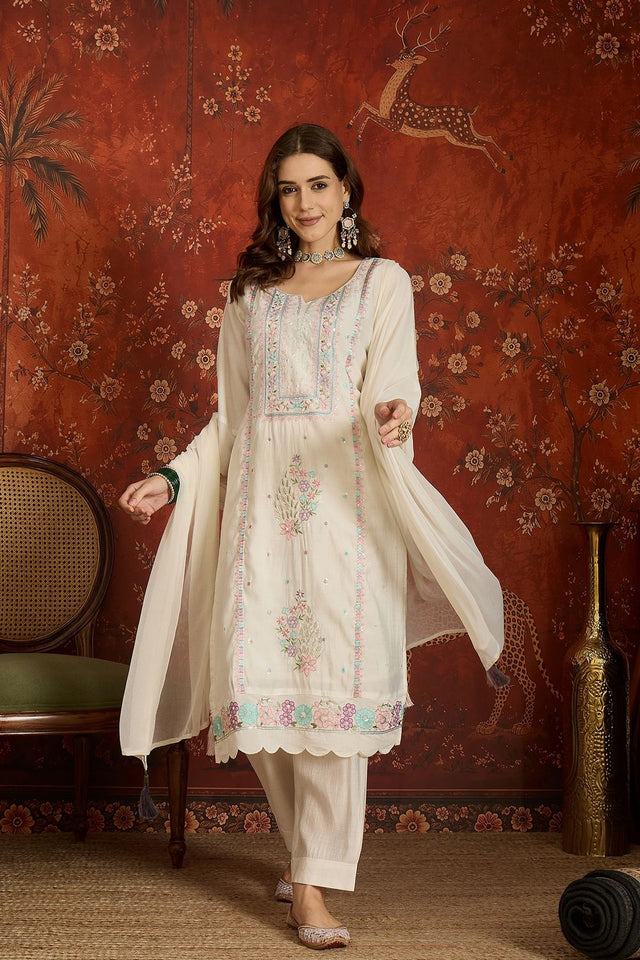 Off White Floral Embroidered Silk Free Size Stitched Kurti Pant Set (52482)