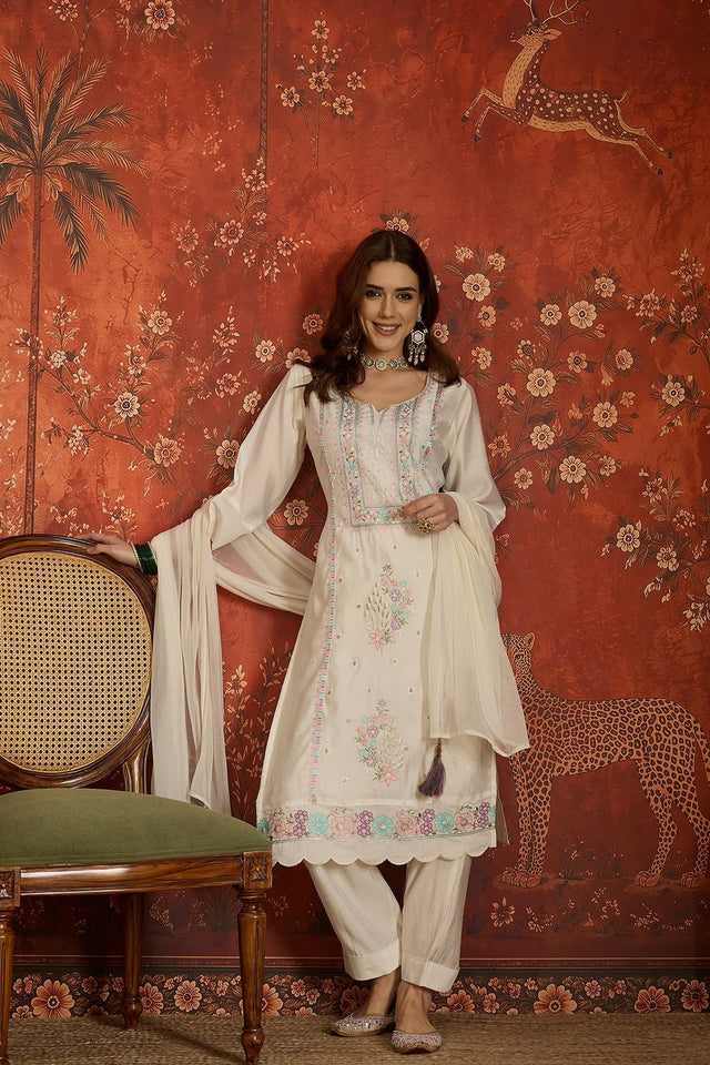 Off White Floral Embroidered Silk Free Size Stitched Kurti Pant Set (52482)