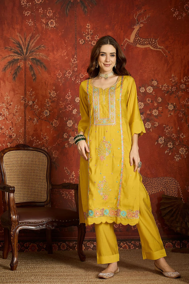 Mustard Floral Embroidered Silk Free Size Stitched Kurti Pant Set (52483)
