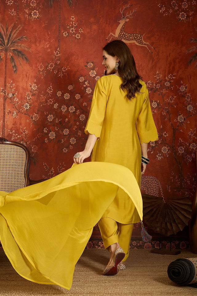 Mustard Floral Embroidered Silk Free Size Stitched Kurti Pant Set (52483)