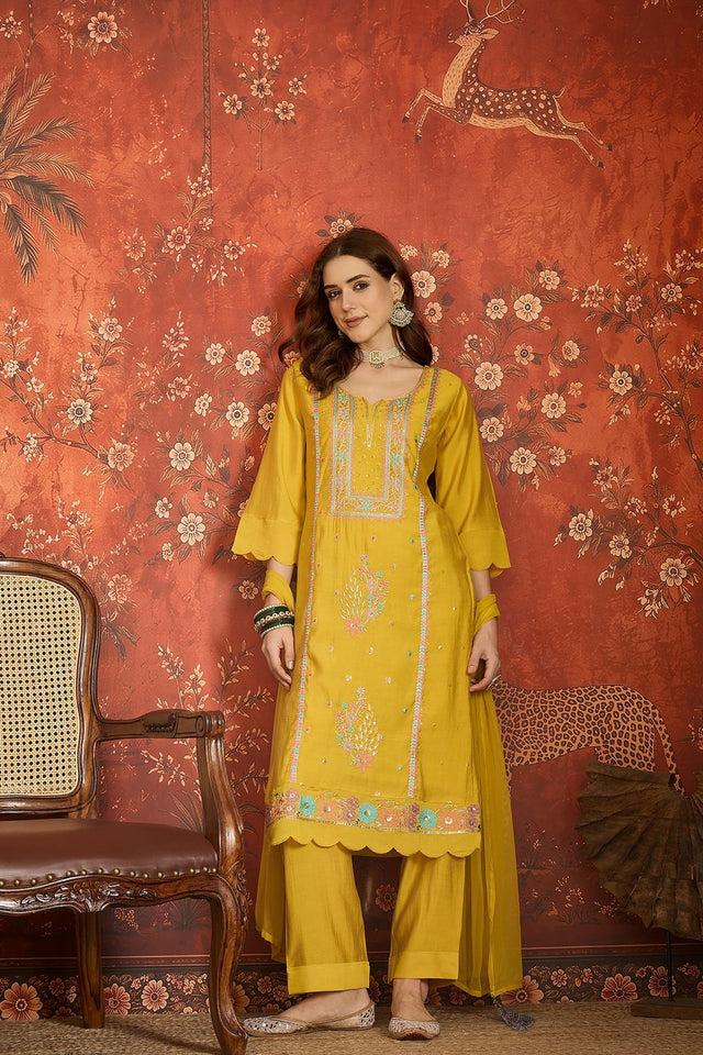 Mustard Floral Embroidered Silk Free Size Stitched Kurti Pant Set (52483)