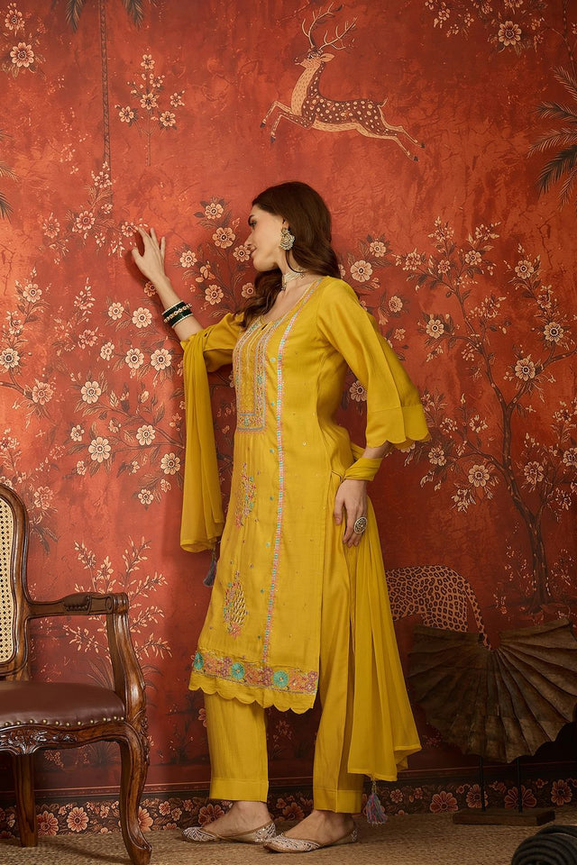 Mustard Floral Embroidered Silk Free Size Stitched Kurti Pant Set (52483)