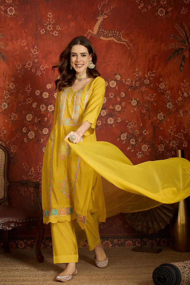Mustard Floral Embroidered Silk Free Size Stitched Kurti Pant Set (52483)