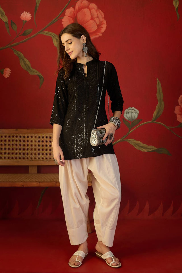 Black Sequin Rayon Free Size Stitched Top (52508)
