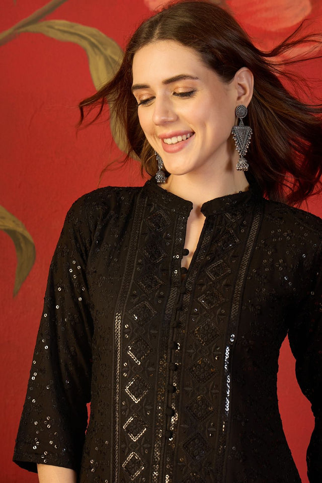Black Sequin Rayon Free Size Stitched Top (52508)