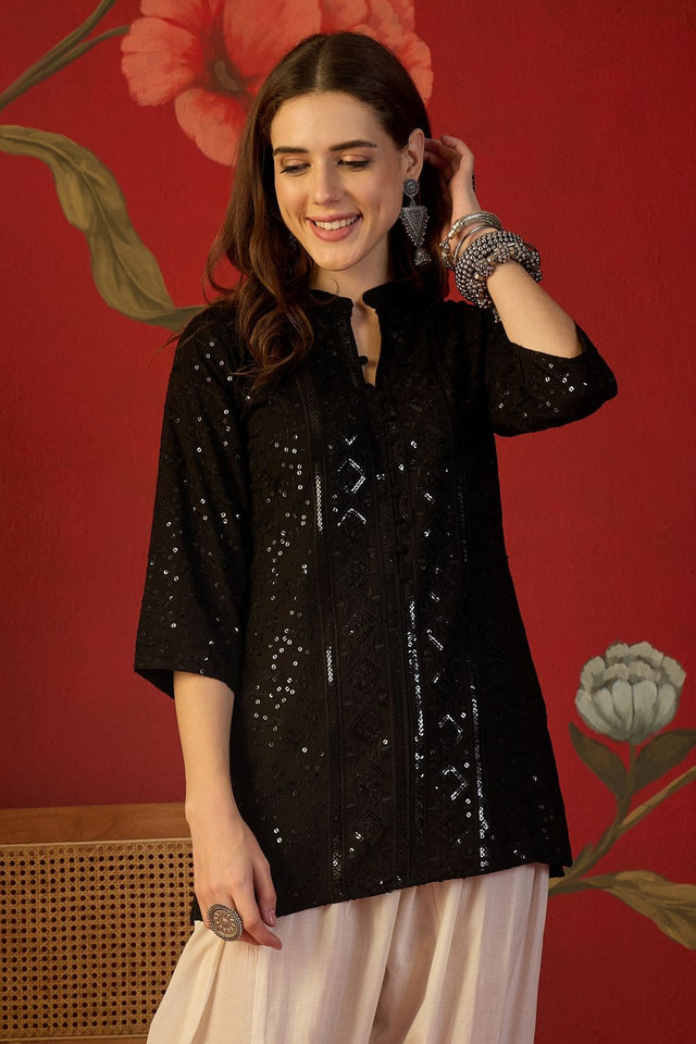 Black Sequin Rayon Free Size Stitched Top (52508)