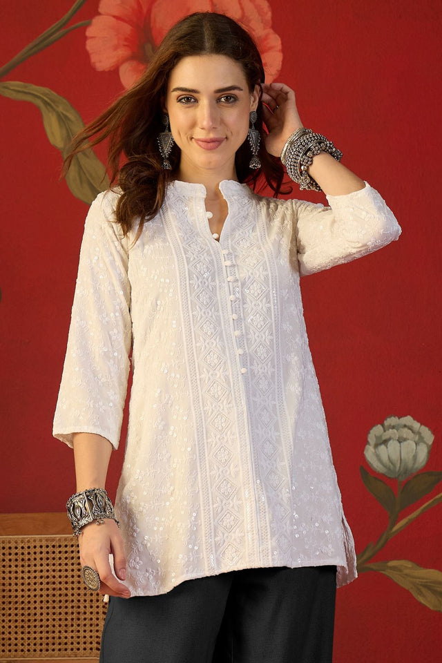 Off White Floral Embroidered Rayon Free Size Stitched Top (52509)