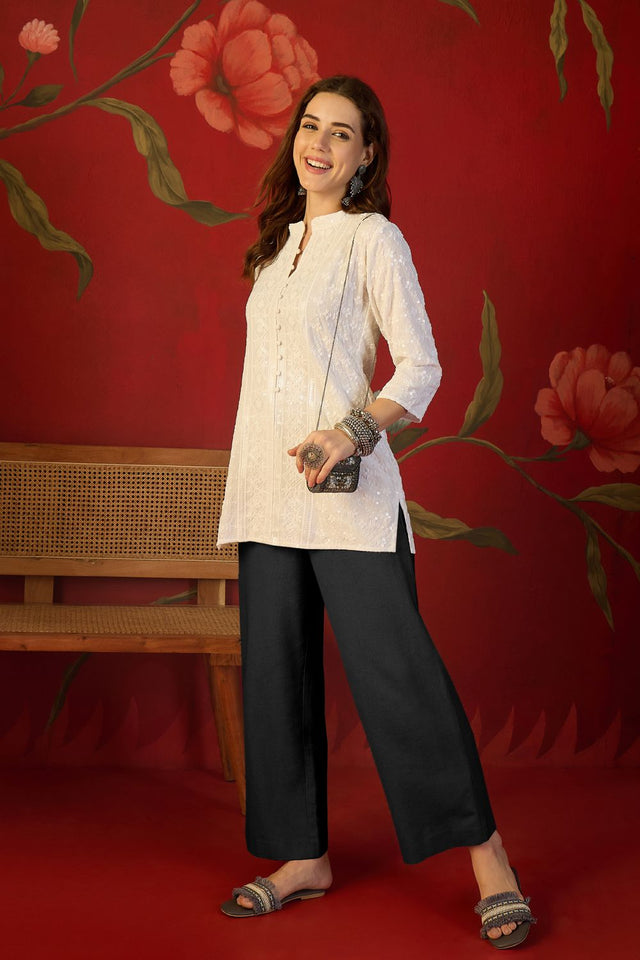 Off White Floral Embroidered Rayon Free Size Stitched Top (52509)