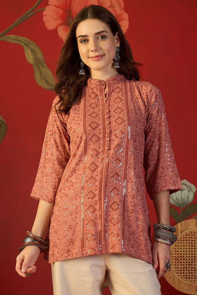 Peach Sequin with Embroidered Rayon Free Size Stitched Top (52510)