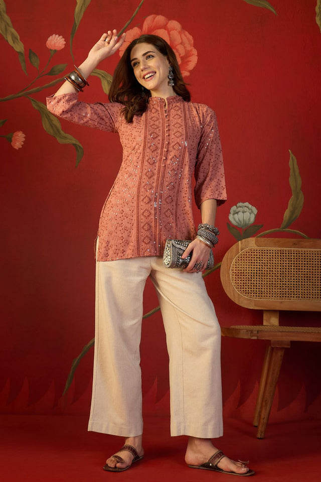 Peach Sequin with Embroidered Rayon Free Size Stitched Top (52510)
