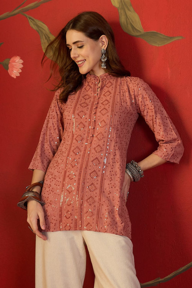 Peach Sequin with Embroidered Rayon Free Size Stitched Top (52510)