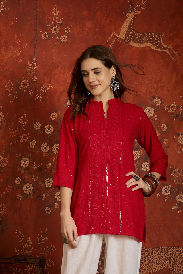 Dark Pink Sequin with Embroidered Rayon Free Size Stitched Top (52511)