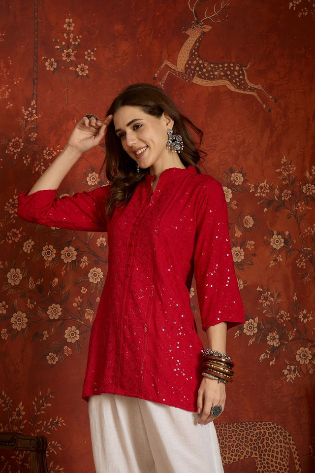 Dark Pink Sequin with Embroidered Rayon Free Size Stitched Top (52511)