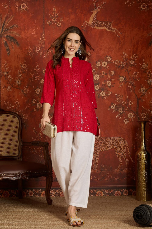 Dark Pink Sequin with Embroidered Rayon Free Size Stitched Top (52511)