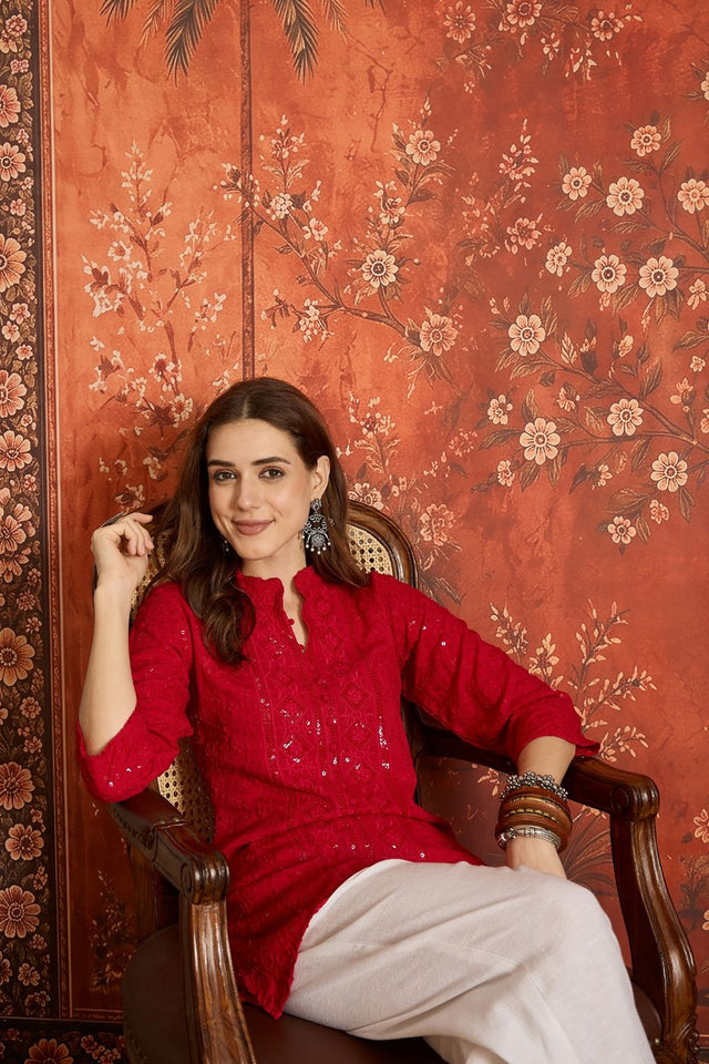 Dark Pink Sequin with Embroidered Rayon Free Size Stitched Top (52511)