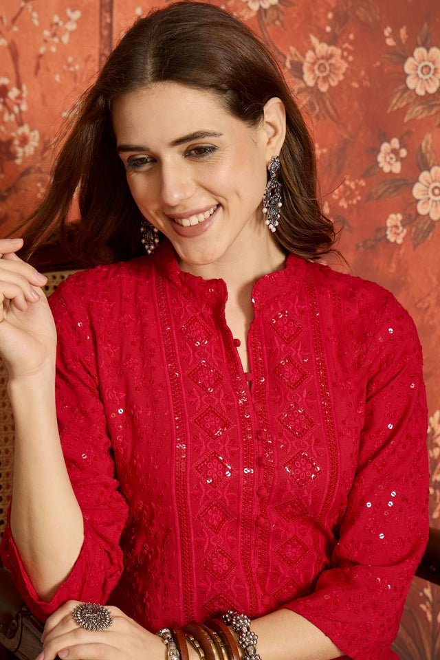 Dark Pink Sequin with Embroidered Rayon Free Size Stitched Top (52511)