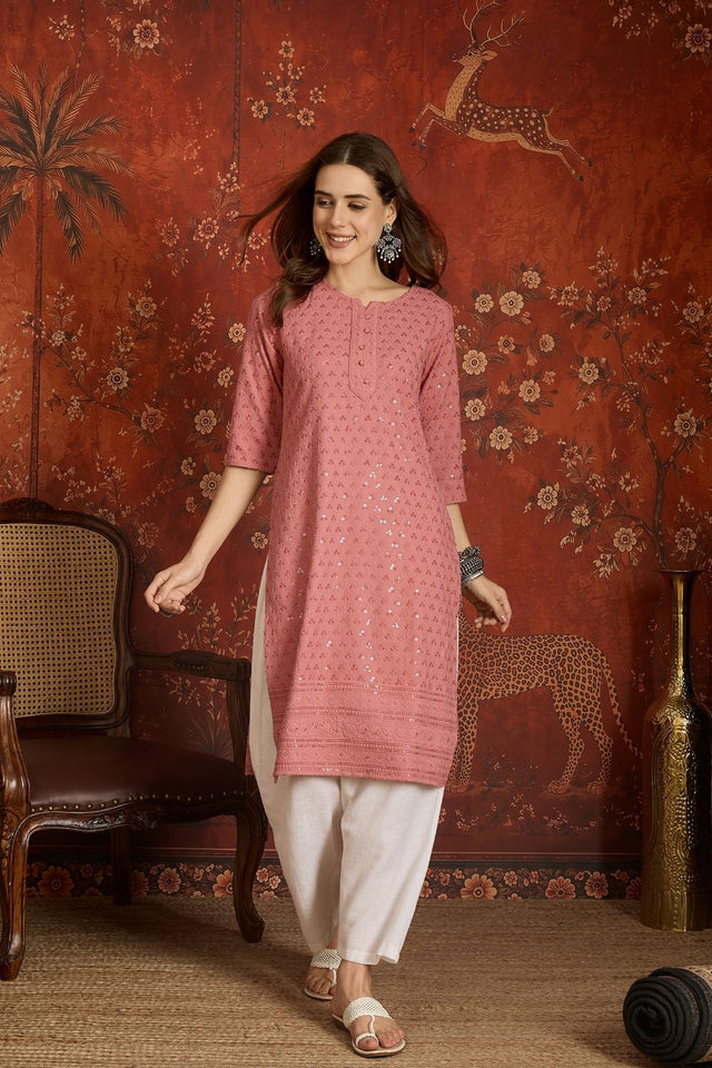 Pink Sequin with Embroidered Rayon Free Size Stitched Long Kurti (52534)