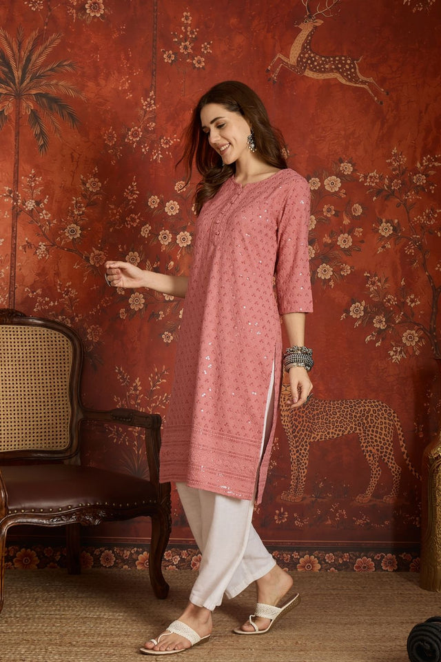 Pink Sequin with Embroidered Rayon Free Size Stitched Long Kurti (52534)