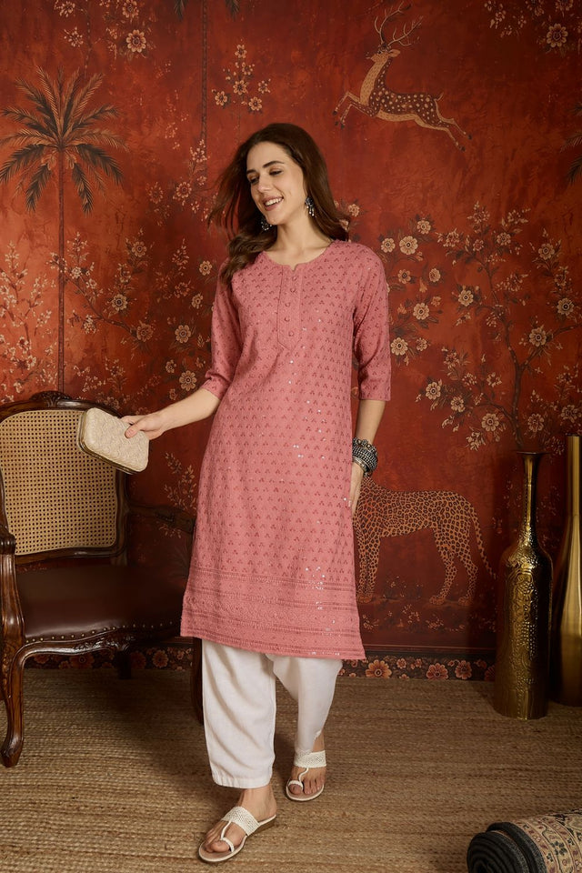 Pink Sequin with Embroidered Rayon Free Size Stitched Long Kurti (52534)