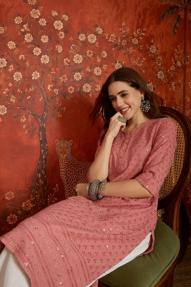 Pink Sequin with Embroidered Rayon Free Size Stitched Long Kurti (52534)