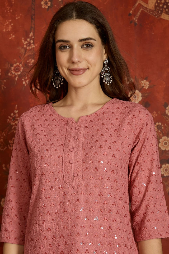 Pink Sequin with Embroidered Rayon Free Size Stitched Long Kurti (52534)
