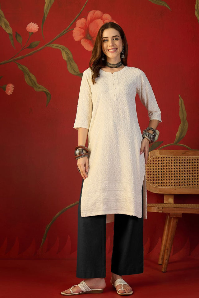 Off White Sequin with Embroidered Rayon Free Size Stitched Long Kurti (52535)