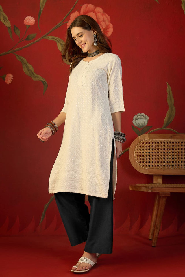 Off White Sequin with Embroidered Rayon Free Size Stitched Long Kurti (52535)