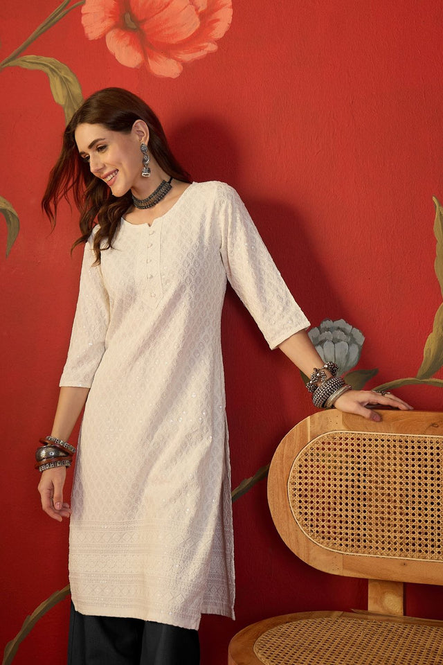 Off White Sequin with Embroidered Rayon Free Size Stitched Long Kurti (52535)