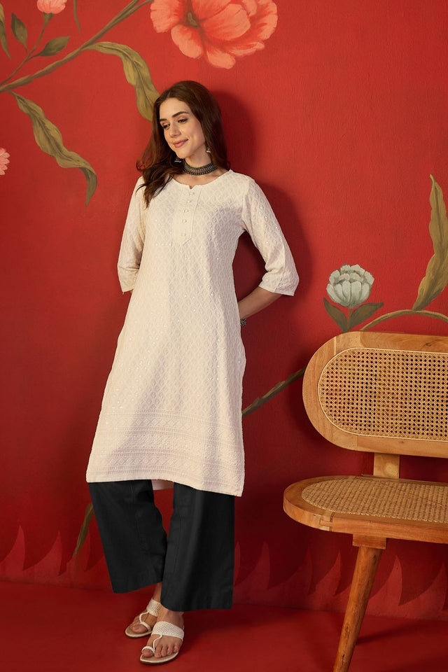 Off White Sequin with Embroidered Rayon Free Size Stitched Long Kurti (52535)