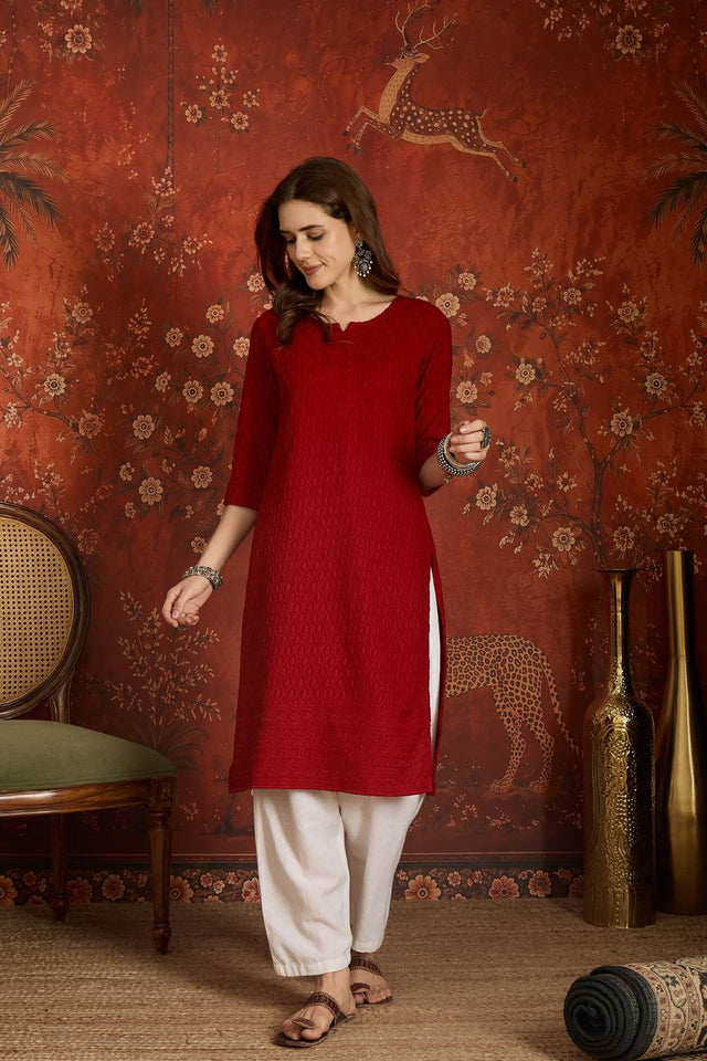 Maroon Embroidered Rayon Free Size Stitched Long Kurti (52536)