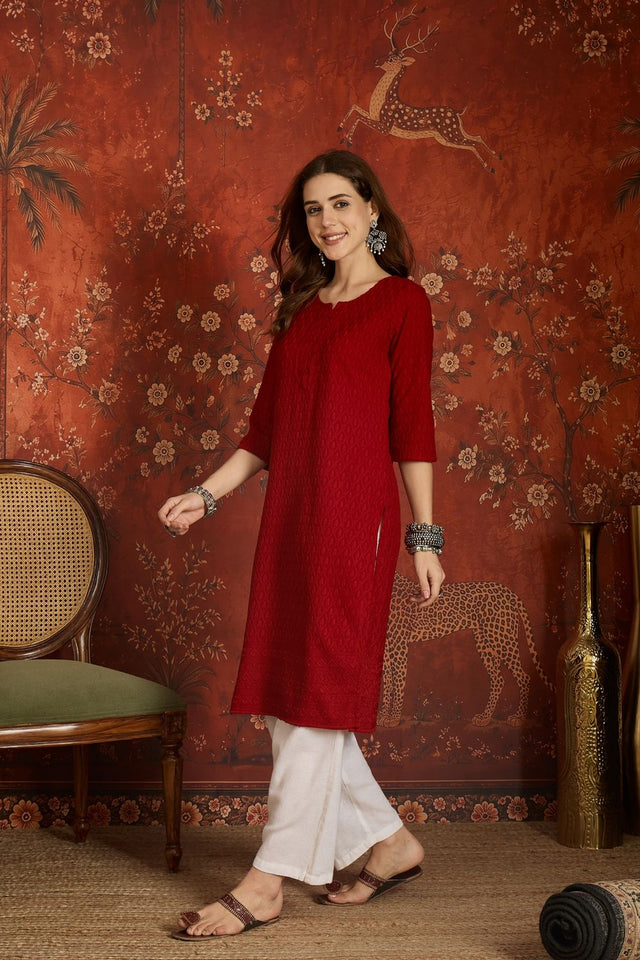 Maroon Embroidered Rayon Free Size Stitched Long Kurti (52536)