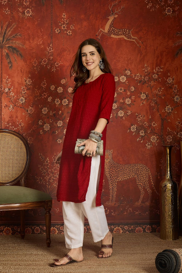 Maroon Embroidered Rayon Free Size Stitched Long Kurti (52536)
