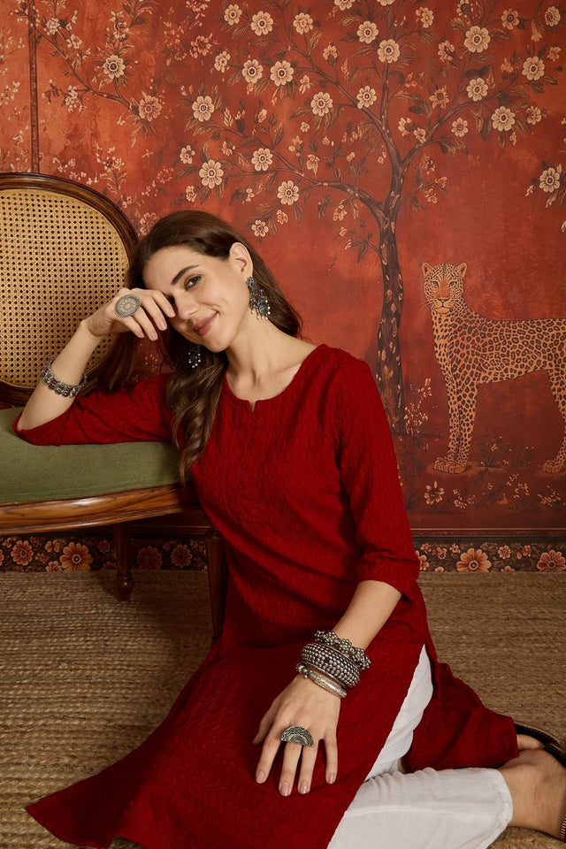 Maroon Embroidered Rayon Free Size Stitched Long Kurti (52536)