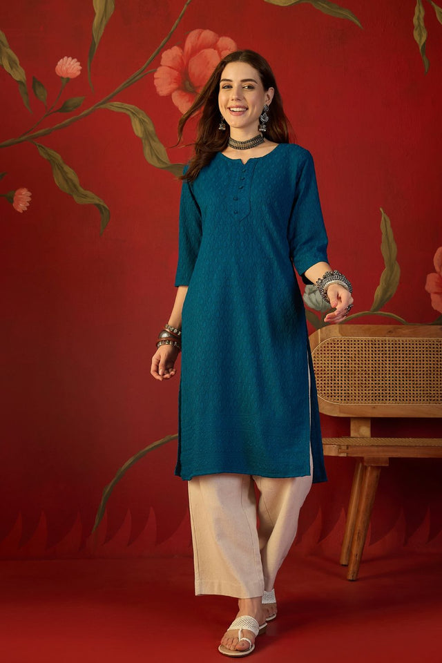 Turquoise Embroidered Rayon Free Size Stitched Long Kurti (52537)